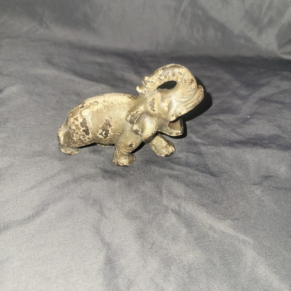 Vintage Cast Iron Lucky Elephant Figure Trunk Up Distressed